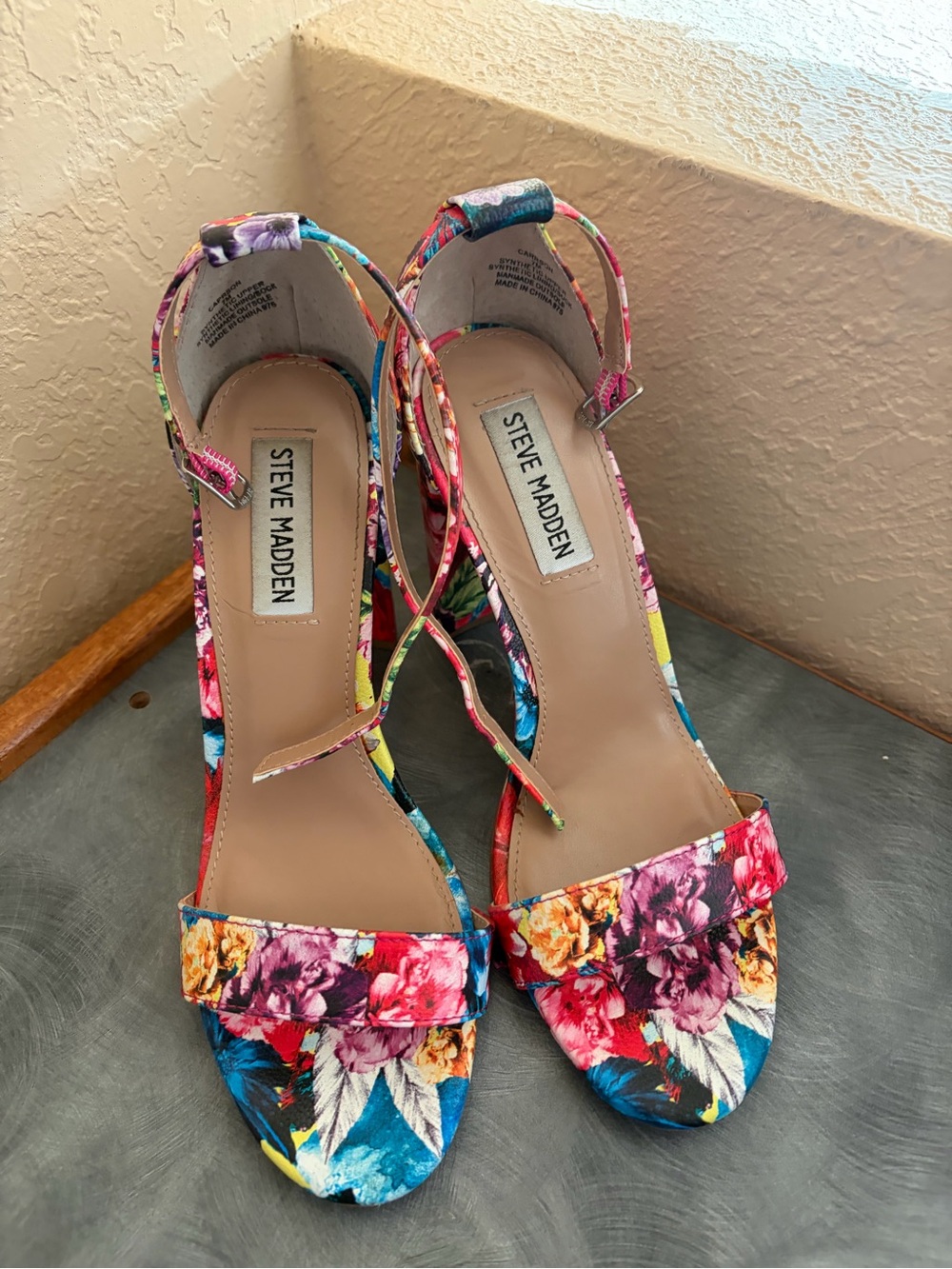 Steve Madden Floral Open-Toe Ankle Strap Heels - Pink Red Blue Yellow